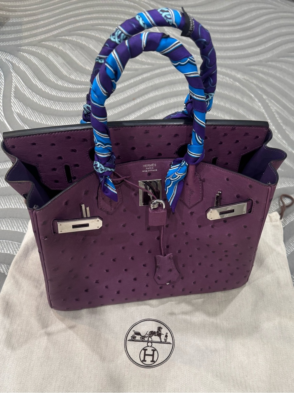 Hermes Purple Ostrich Top-Handle Tote with Blue Twilly-Wrapped Handles